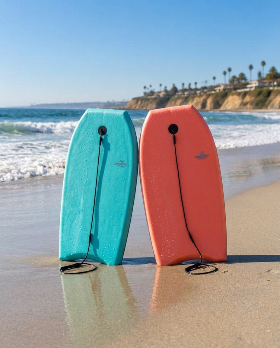 Two bodyboards standing upright at the shoreline