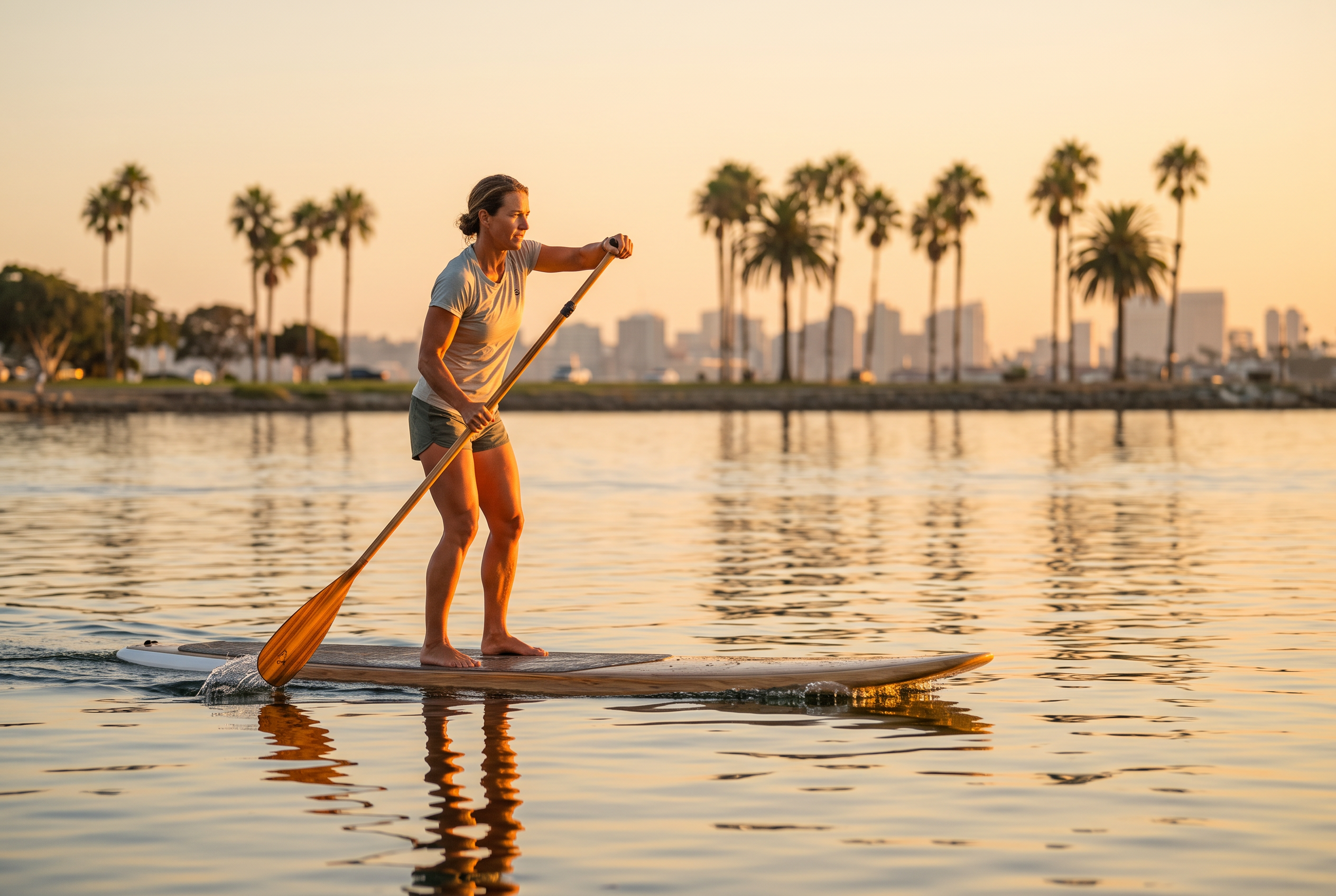 Paddleboarder gliding across sunny Mission Bay