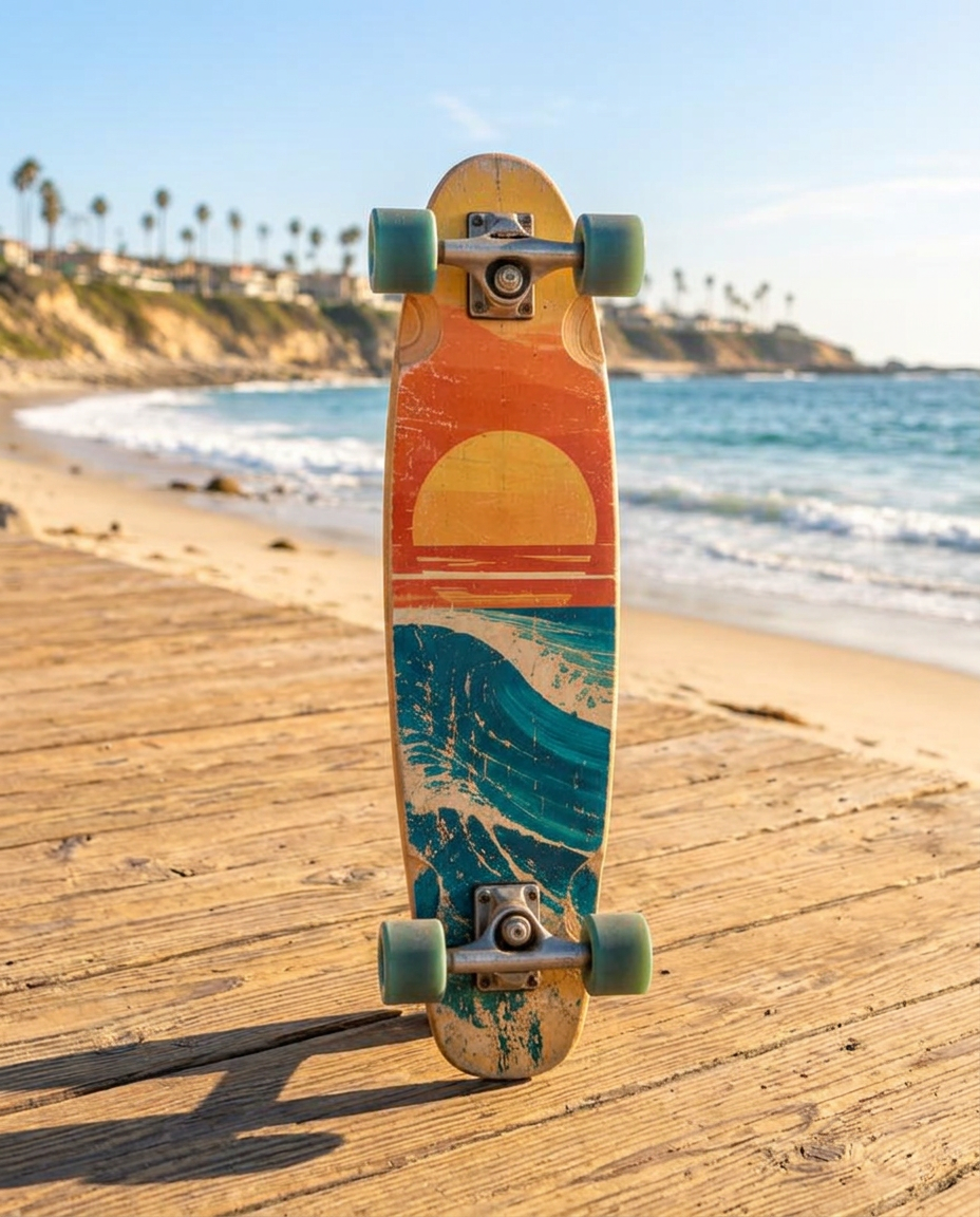 Skateboard standing upright on a sunlit boardwalk by the beach