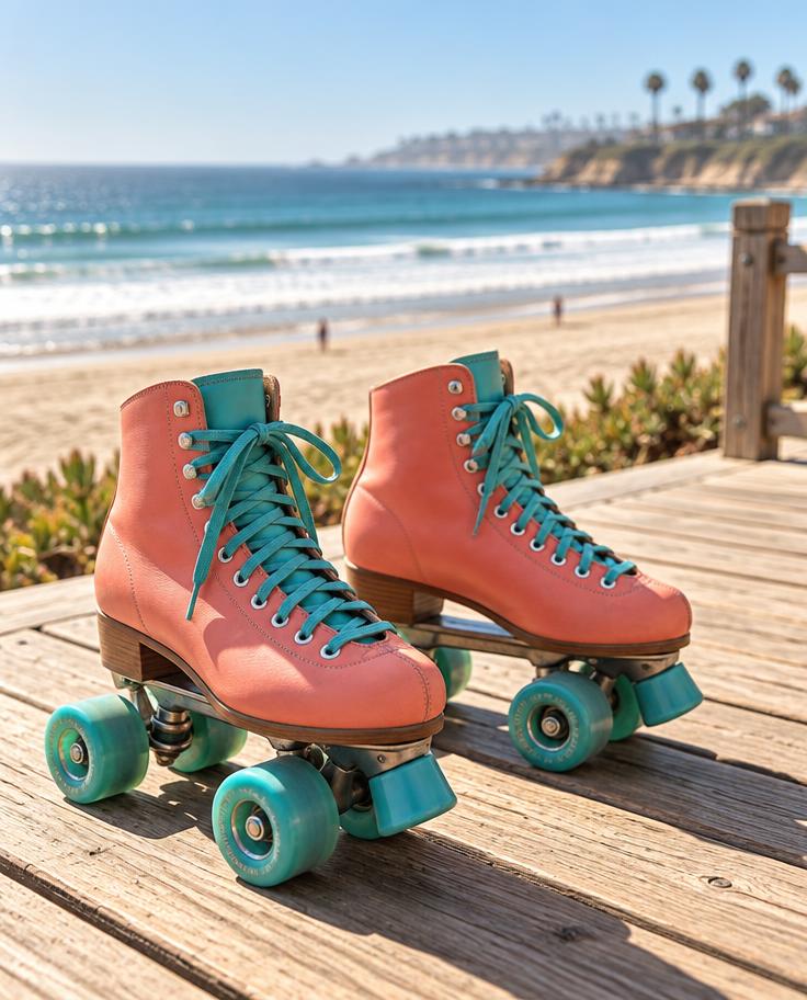 Retro roller skates on a sunlit beach boardwalk