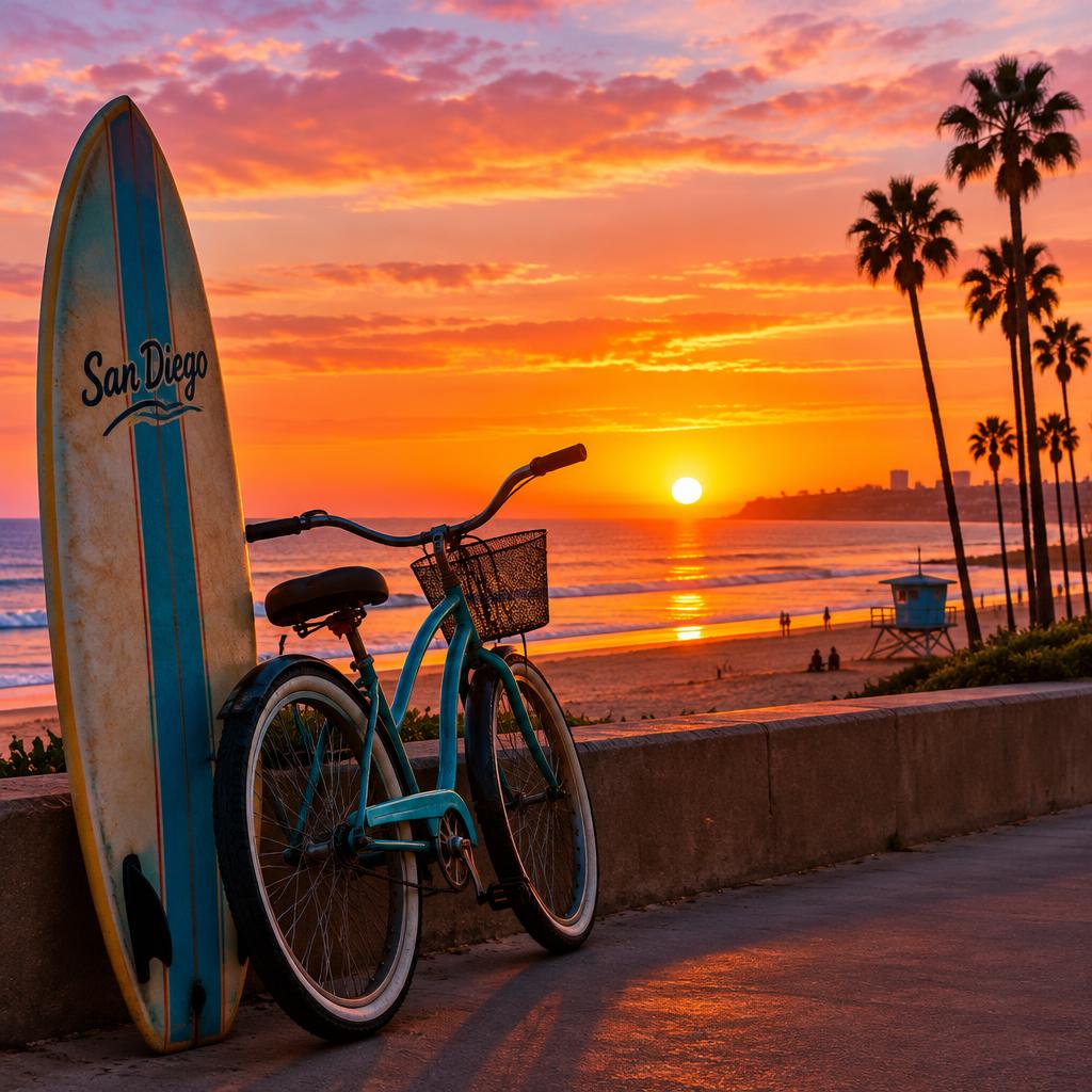 San Diego beach sunset with a surfboard and beach cruiser